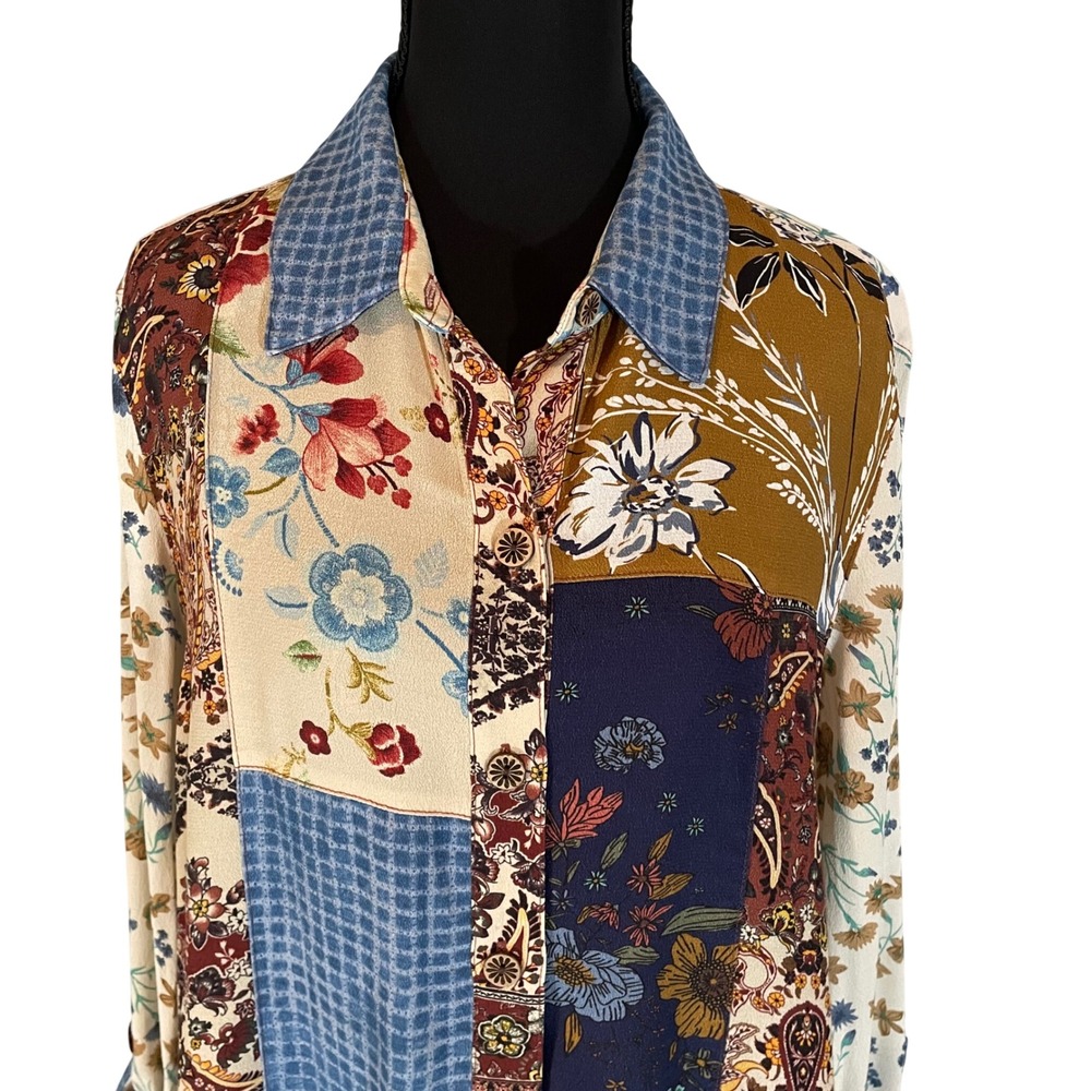 John Mark Womens Patchwork Floral Paisley Button‎ Down Shirt Tunic Multicolor M - Picture 2 of 8